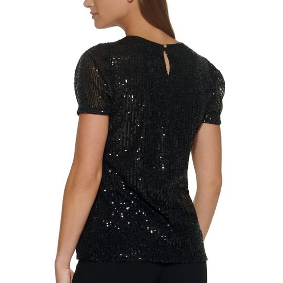 DKNY Women's Size Medium Black Sequined Short-Sleeve Crewneck Blouse NWT - Picture 2 of 5